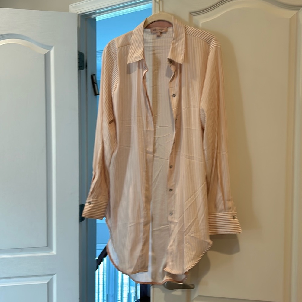 Oversized comfy soft button up shirt - Peach and soft white stripes